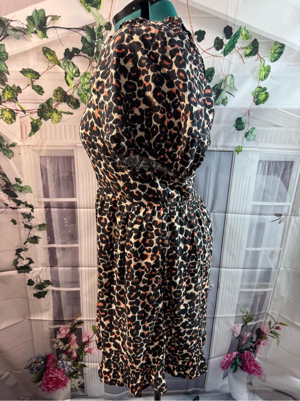 1001-Who What Wear Animal Print Smocked-Neck Mini Dress in Black, Tan, Rust - Picture 2 of 5